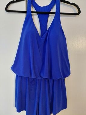 Aqua Green Royal Blue One-Piece Swimsuit Sz S Razor Back Flowy